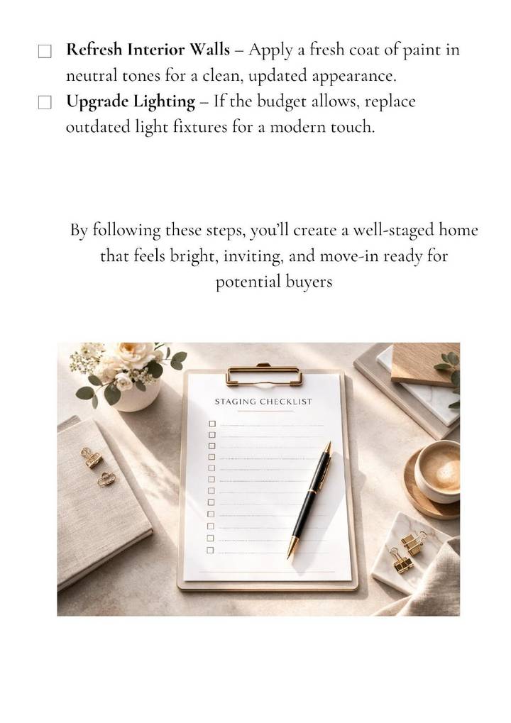 Final checklist items and a staging checklist styled photo