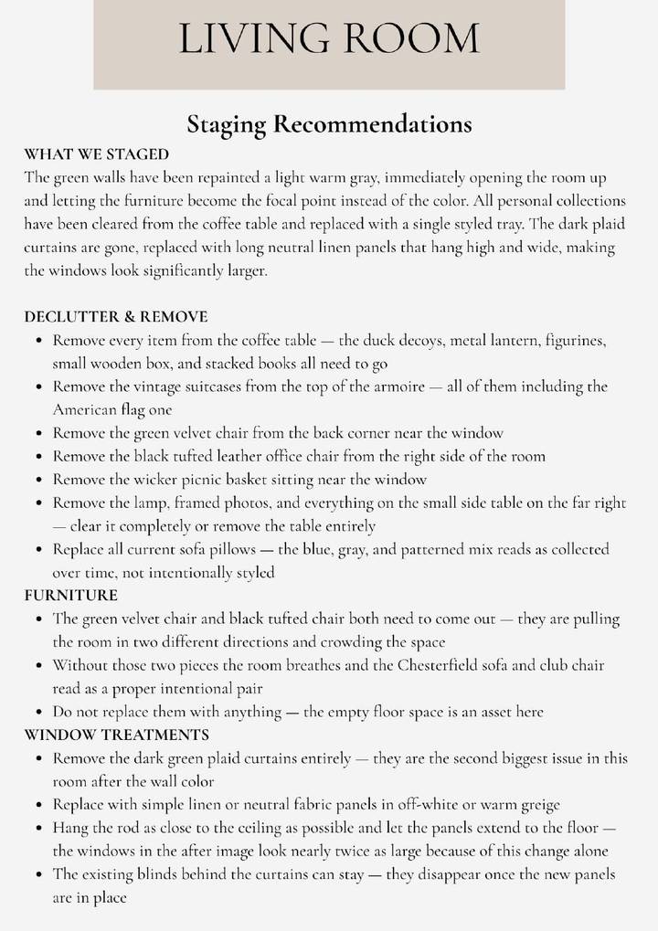 Living Room staging recommendations page from a Home Staging Report: what we staged, declutter and remove, furniture, and window treatment direction
